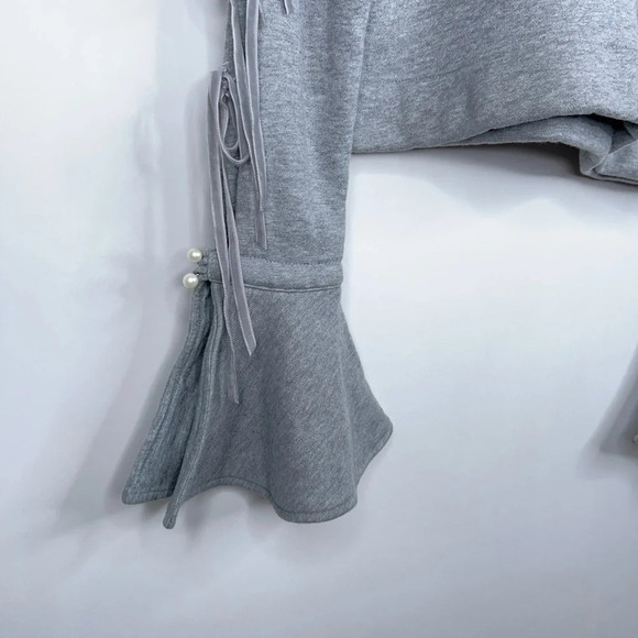 Jonathan Simkhai Pearl Detail Tie Sleeve Hoodie Gray Cropped Flared Cuffs Small - Picture 5 of 13